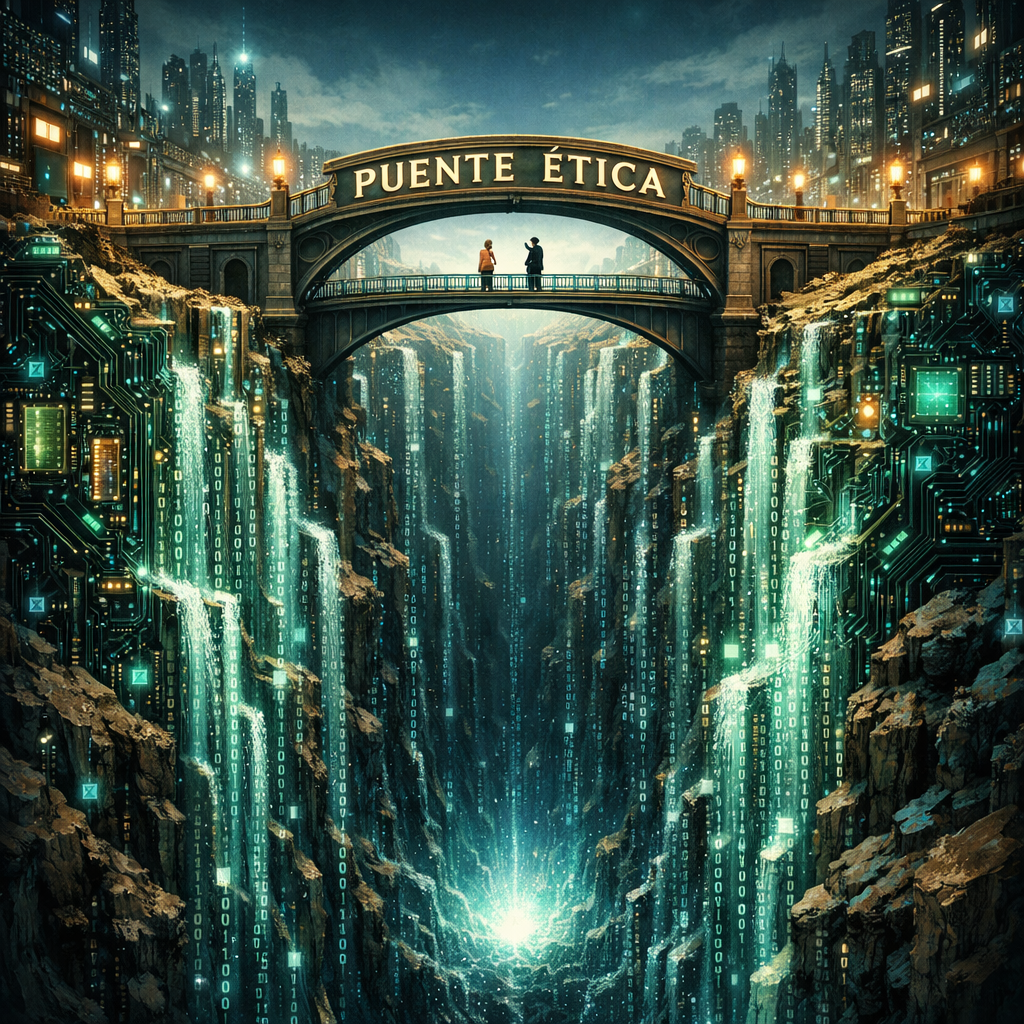 Imagen actual: Bridge labeled 'PUENTE ÉTICA' over a deep canyon with digital waterfalls and cityscape background